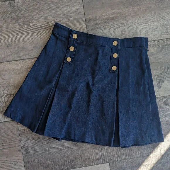 Jacadi Girl's Gold Snaps Pleated Schoolgirl Preppy Modern Jean Denim Skirt 8A - Picture 1 of 6